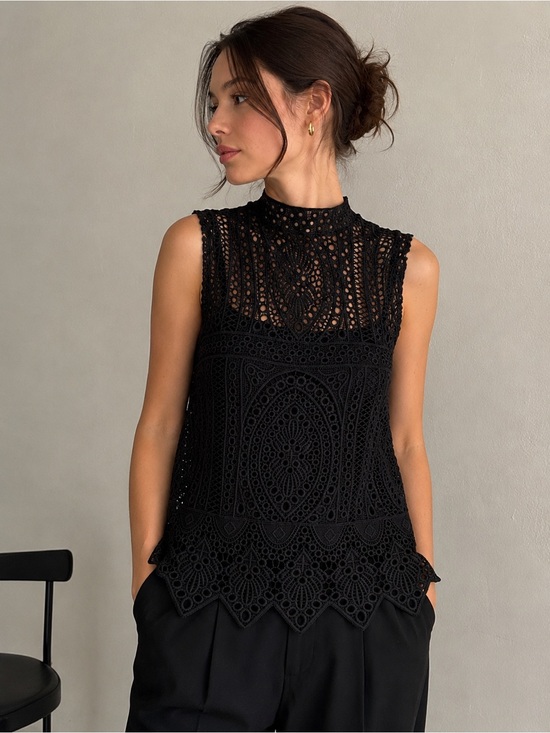 caligraphe Tops - Calligraphe Lace Top Black M High Neck Sleeveless Crochet Blouse